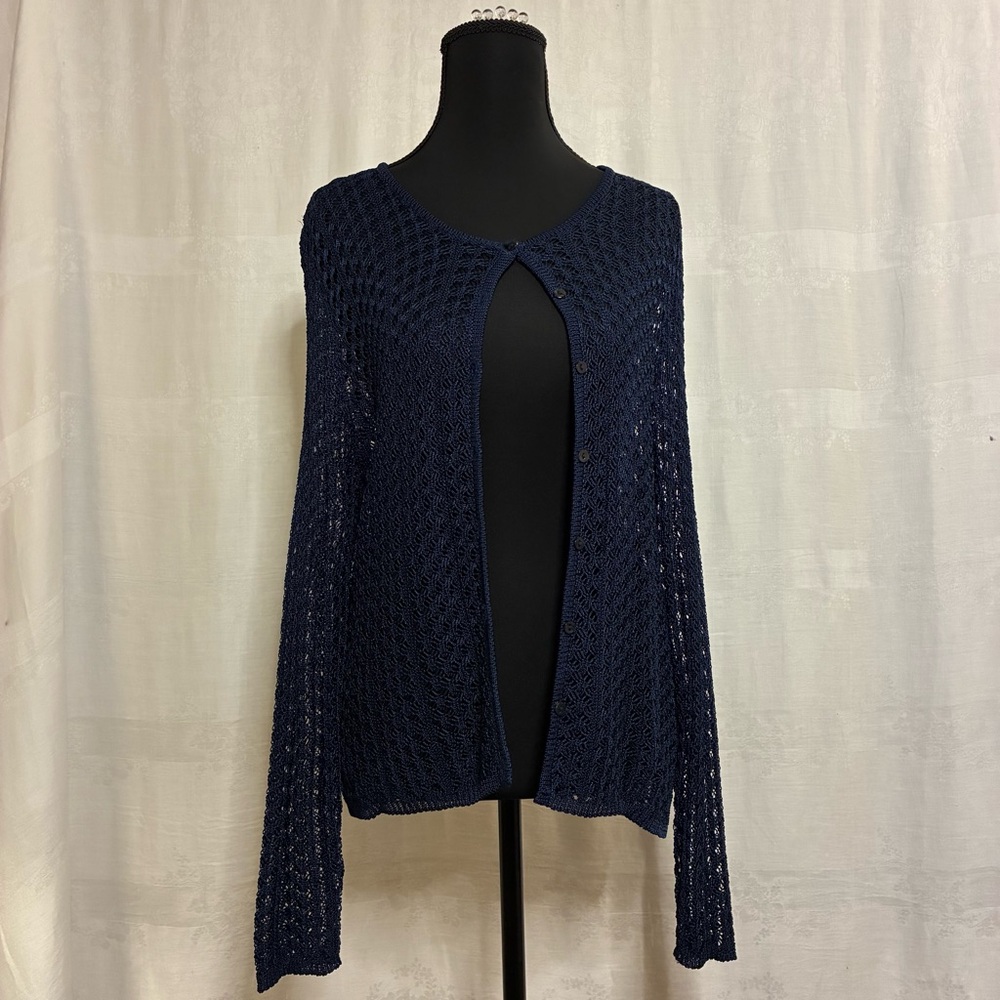 Vintage Valerie Stevens Navy Crochet Knit Cardigan Long Sleeve w/buttons Size L